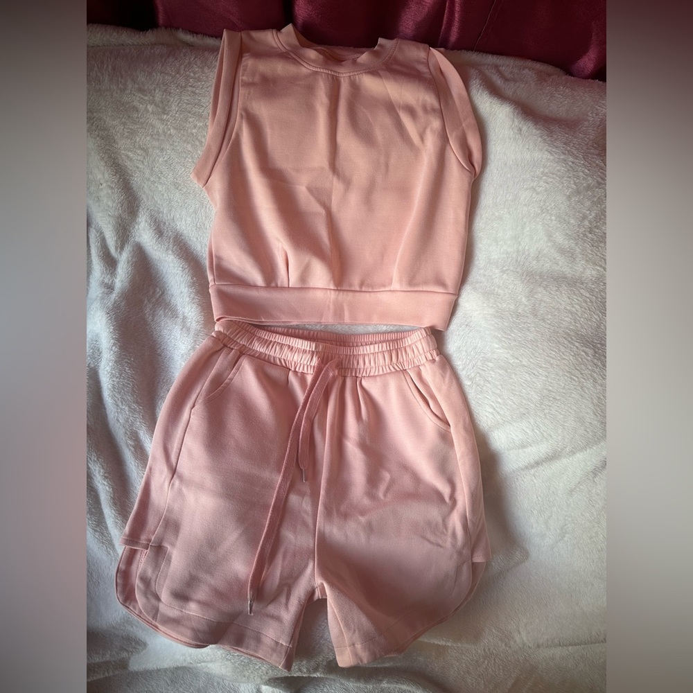 Pink Sleeveless Crop Top & Drawstring Shorts Set
